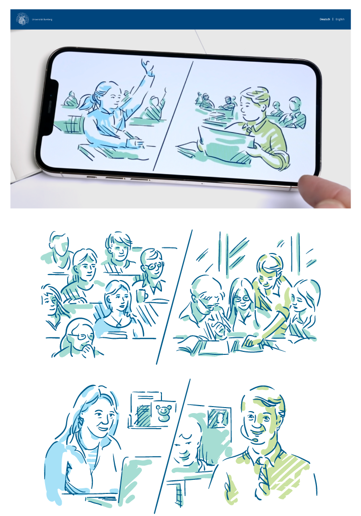 Serie handgezeichneter Illustrationen für die Sozialforschung, die verschiedene Stationen im Lebenslauf einer Familie von der Kindheit bis ins Erwachsenenalter zeigen, für eine Multimediareportage der Universität Bamberg.