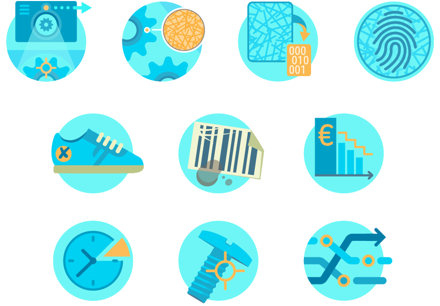 Icon-Set zu Funktion und Vorteilen der Detagto IRIS-Technologie und zur Erklärung von Traceability.