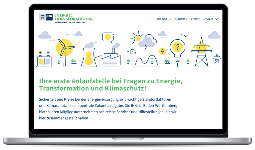 Laptop zeigt ein modulares Illustrationssystem mit reduzierten und variabel kombinierbaren Illustrationen zum Thema Energie für die IHK Baden-Württemberg.
