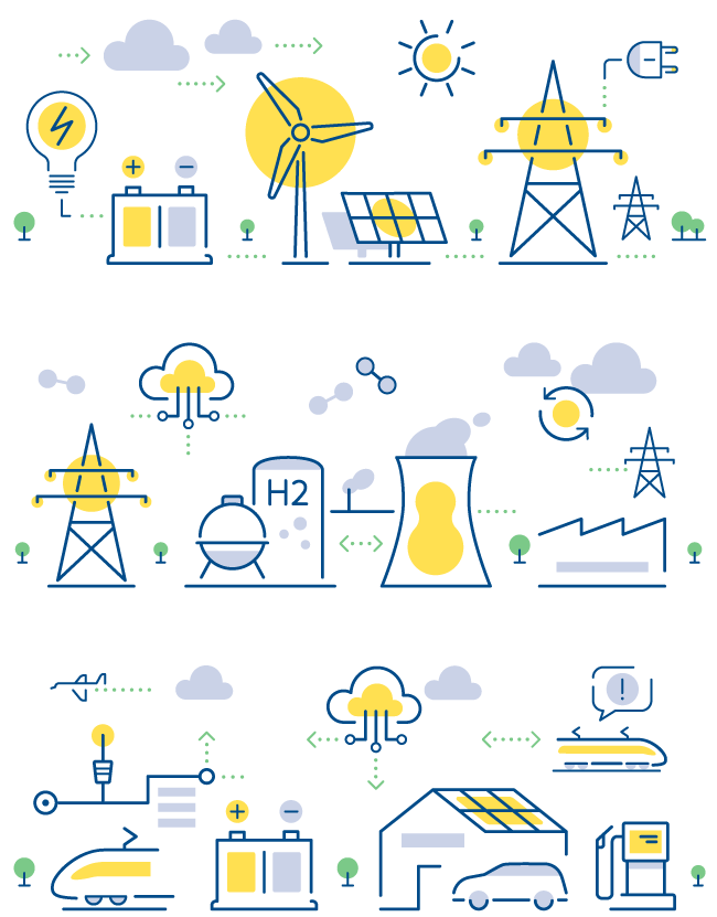Modulares Illustrationssystem mit reduzierten und variabel kombinierbaren Illustrationen zum Thema Energie für die IHK Baden-Württemberg.
